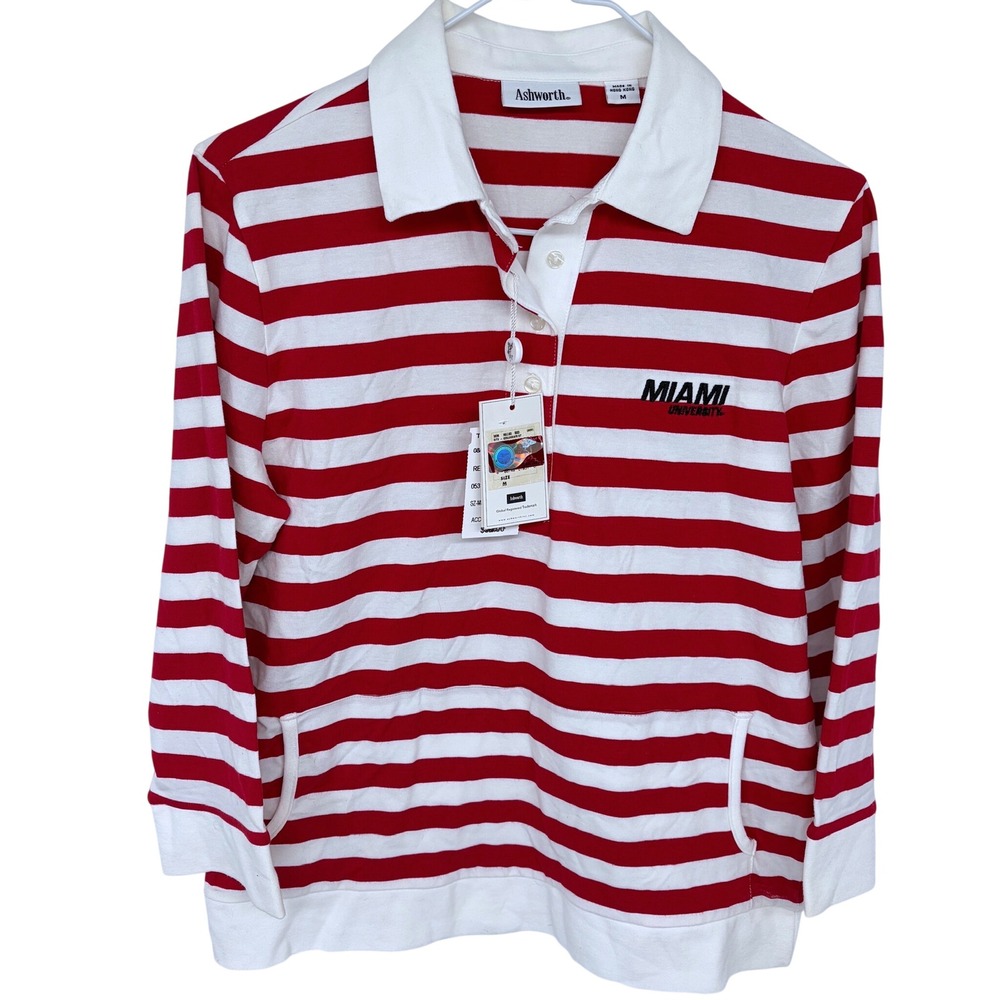New Miami Ohio Redhawks Rugby Shirt Medium‎ Womens Red White Striped Ashworth